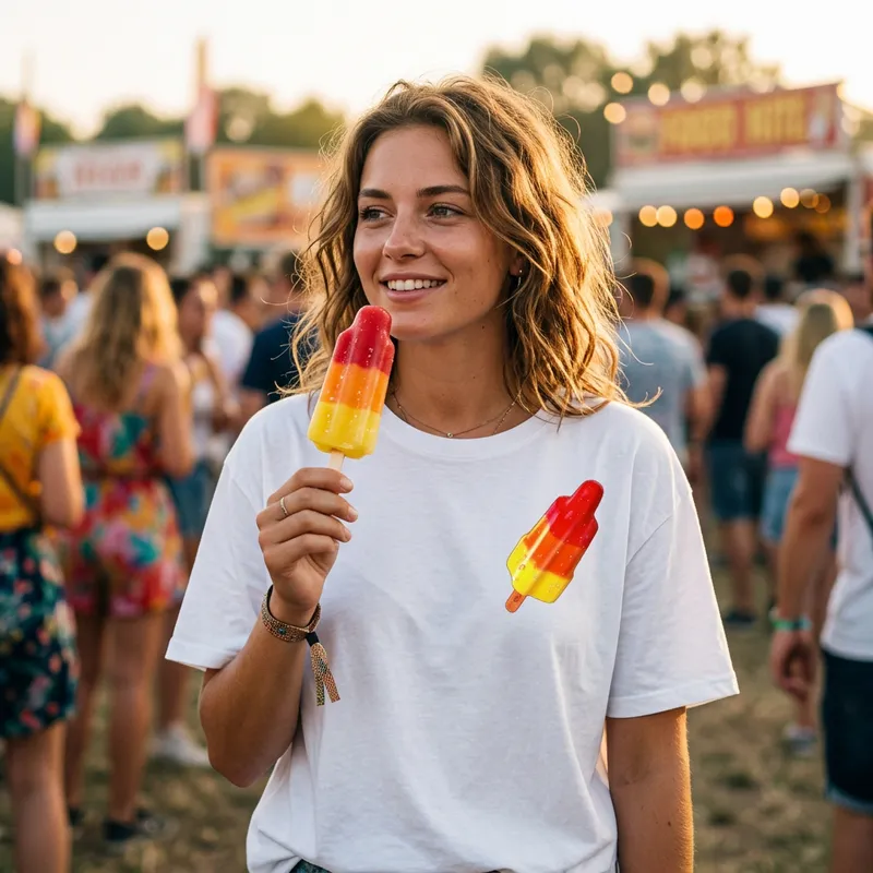 Lachende vrouw met ijsje draagt Shirtival raketijsje T-shirt op festival