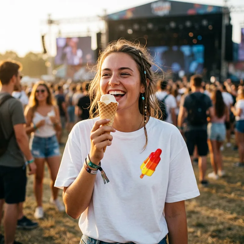 Festivalganger draagt Shirtival raketijsje T-shirt op zomerfestival