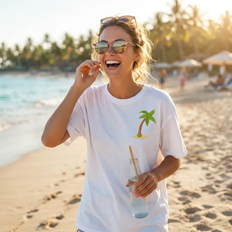 Vrouw draagt Shirtival palmboom T-shirt op tropisch strand in de zon