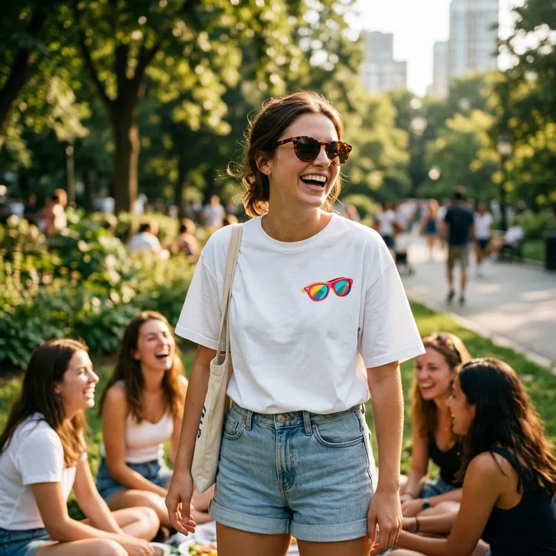 Vrouw met zonnebril en Shirtival zonnebril T-shirt in het park